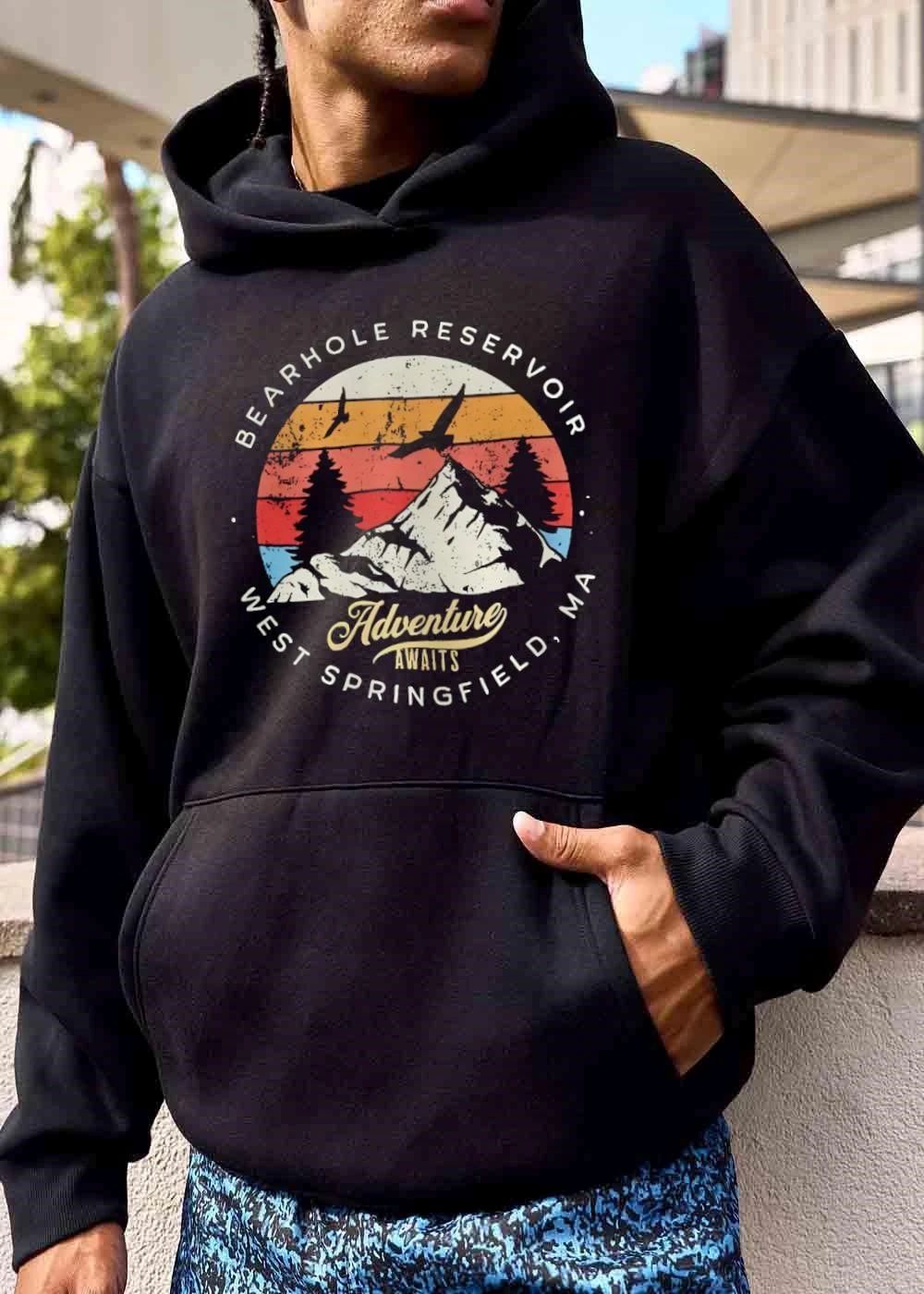 Bearhole Reservoir Adventure Awaits West Springfield Ma Distressed Retro Sunset Mountain Trees shirt