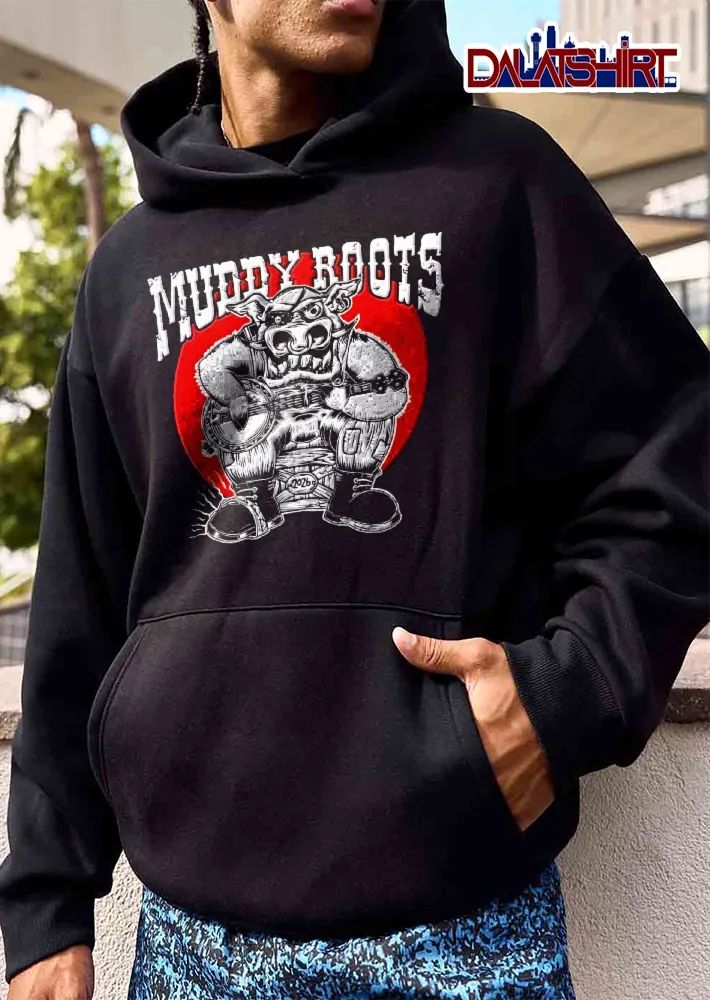 Distressed Muddy Roots 2026 Cartoon Boar Playing Banjo Eyepatch Crate shirt