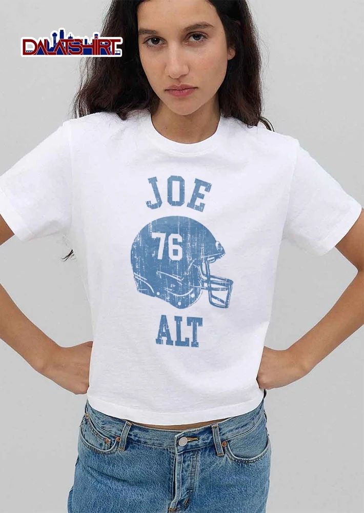 Joe Alt Distressed Light Blue Football Helmet With Number 76 Silhouette shirt