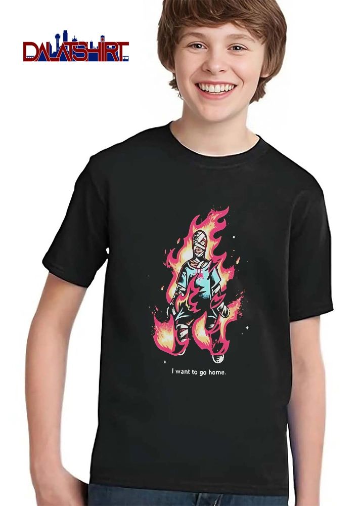 I Want To Go Home Bandaged Figure Engulfed Pink Flames Cartoon shirt
