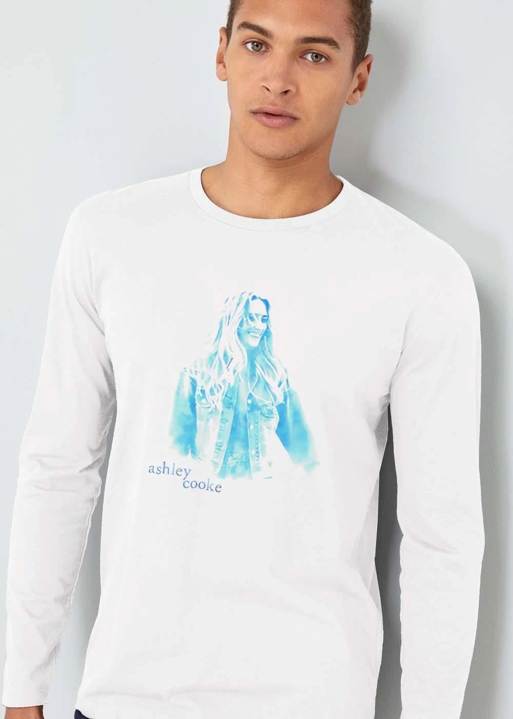 Ashley Cooke Smiling Woman Denim Jacket Cyan Watercolor Portrait shirt