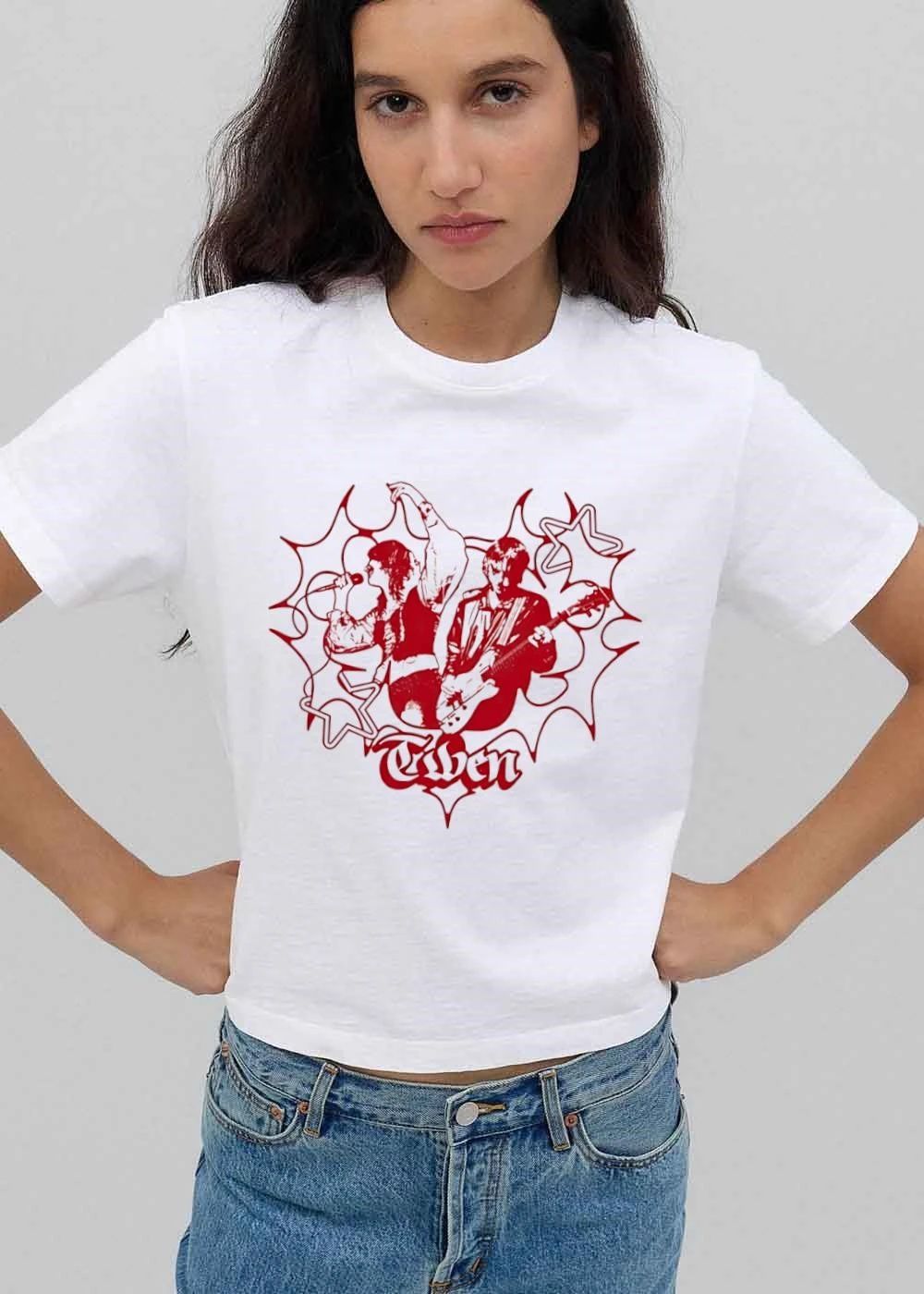 Twen Red High Contrast Singer Guitarist Stars Heart Outline shirt