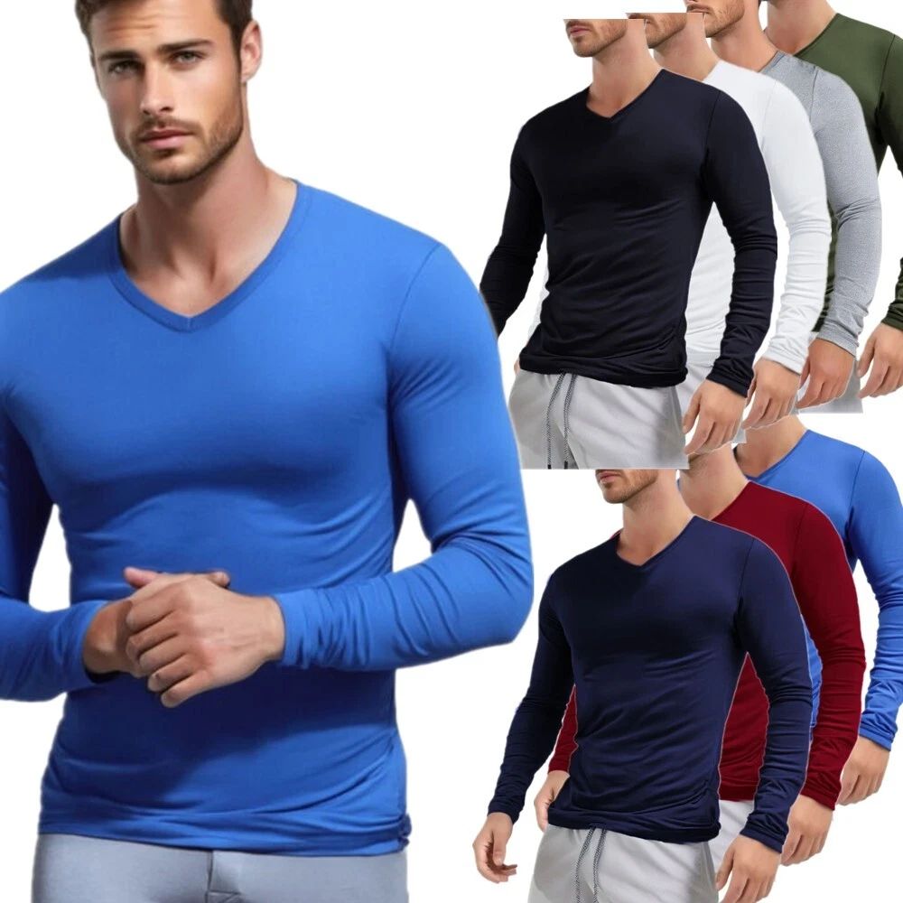 Mens Casual Slim Fit V Neck Long Sleeve T-Shirt Muscle Workout Tee Top Blouse