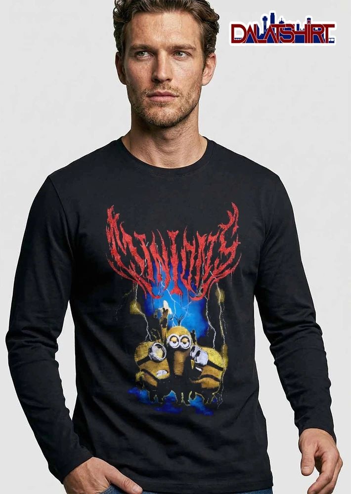 Minions Three Yellow Characters Banana Lightning Blue Background Death Metal shirt