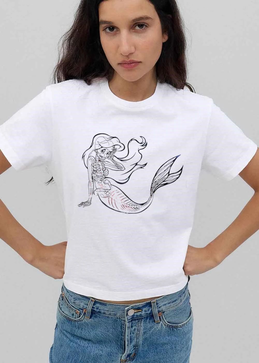 Anatomical Skeleton Mermaid Sitting Pose Flowing Hair Line Art shirt