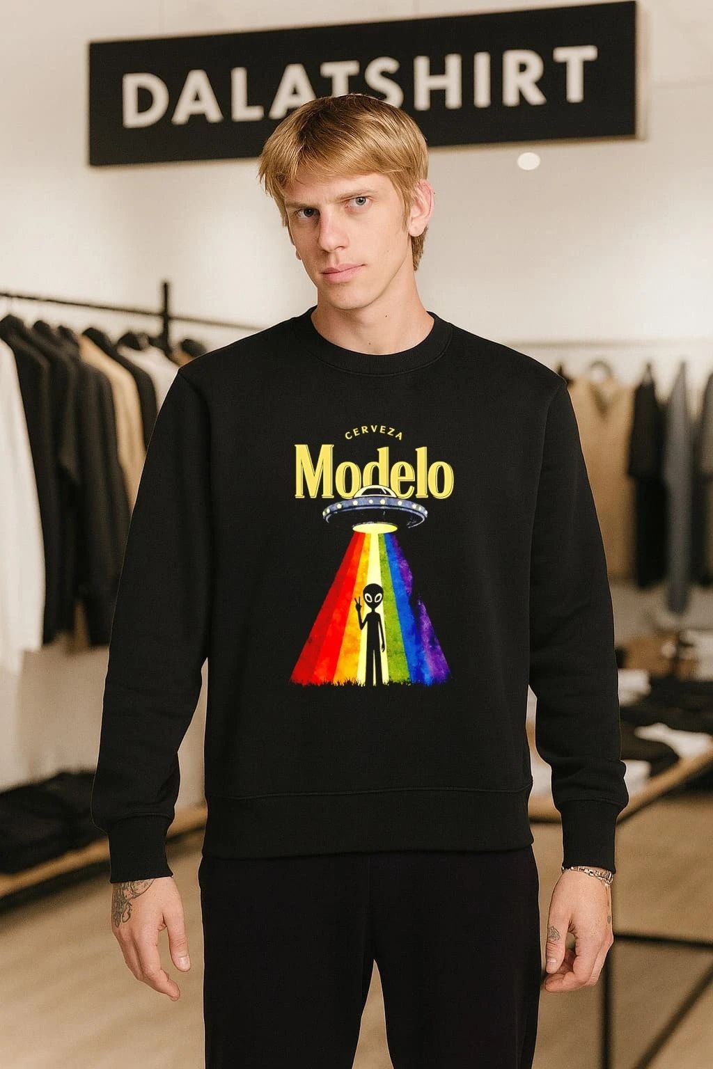 Modelo Cerveza beer alien extraterrestrial UFO spaceship rainbow peace Cerveza Modelo shirt