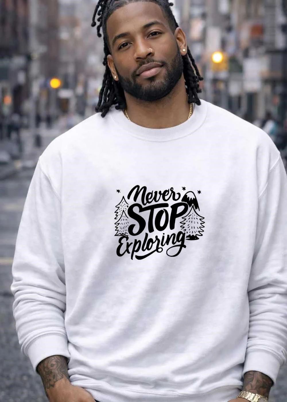 Never Stop Exploring Pine Trees Snowy Mountain Peak Stars Line Art shirt