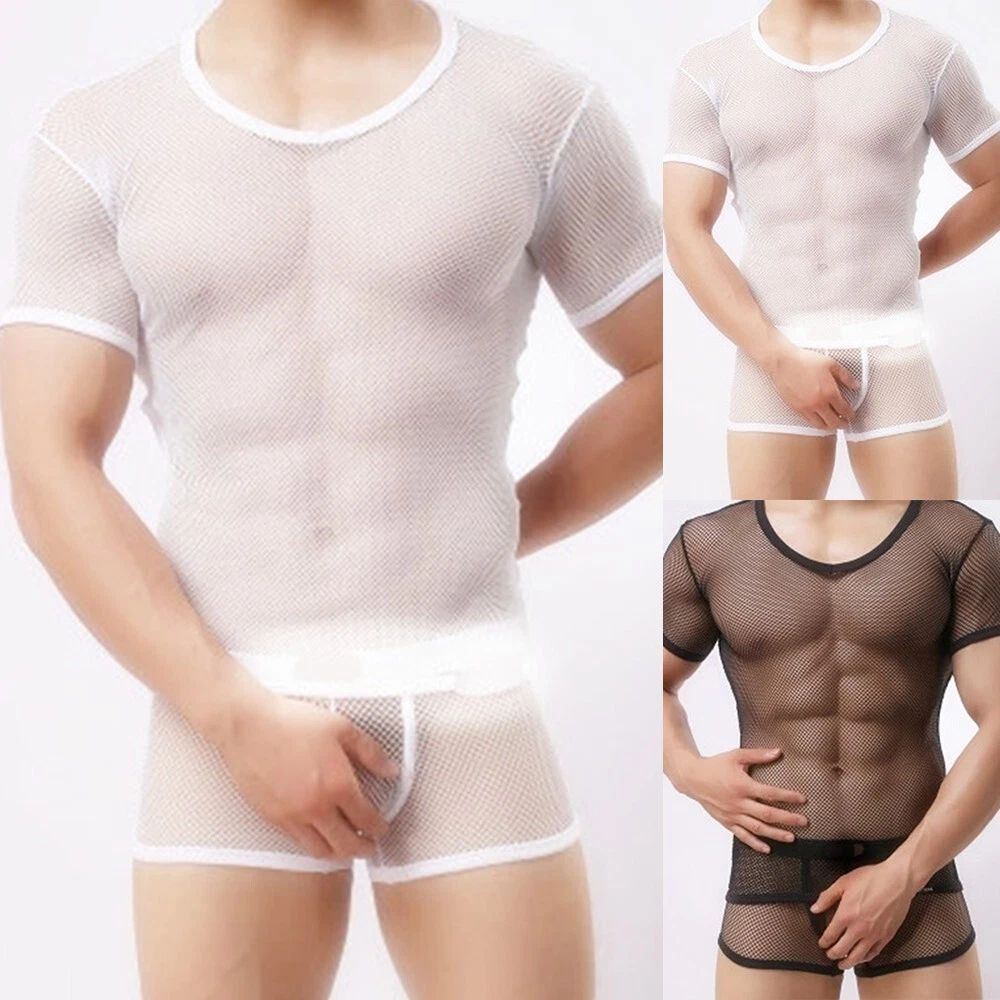Cotton Mesh Mens T Shirts Short Sleeve Slim Summer Thin Tops See Through