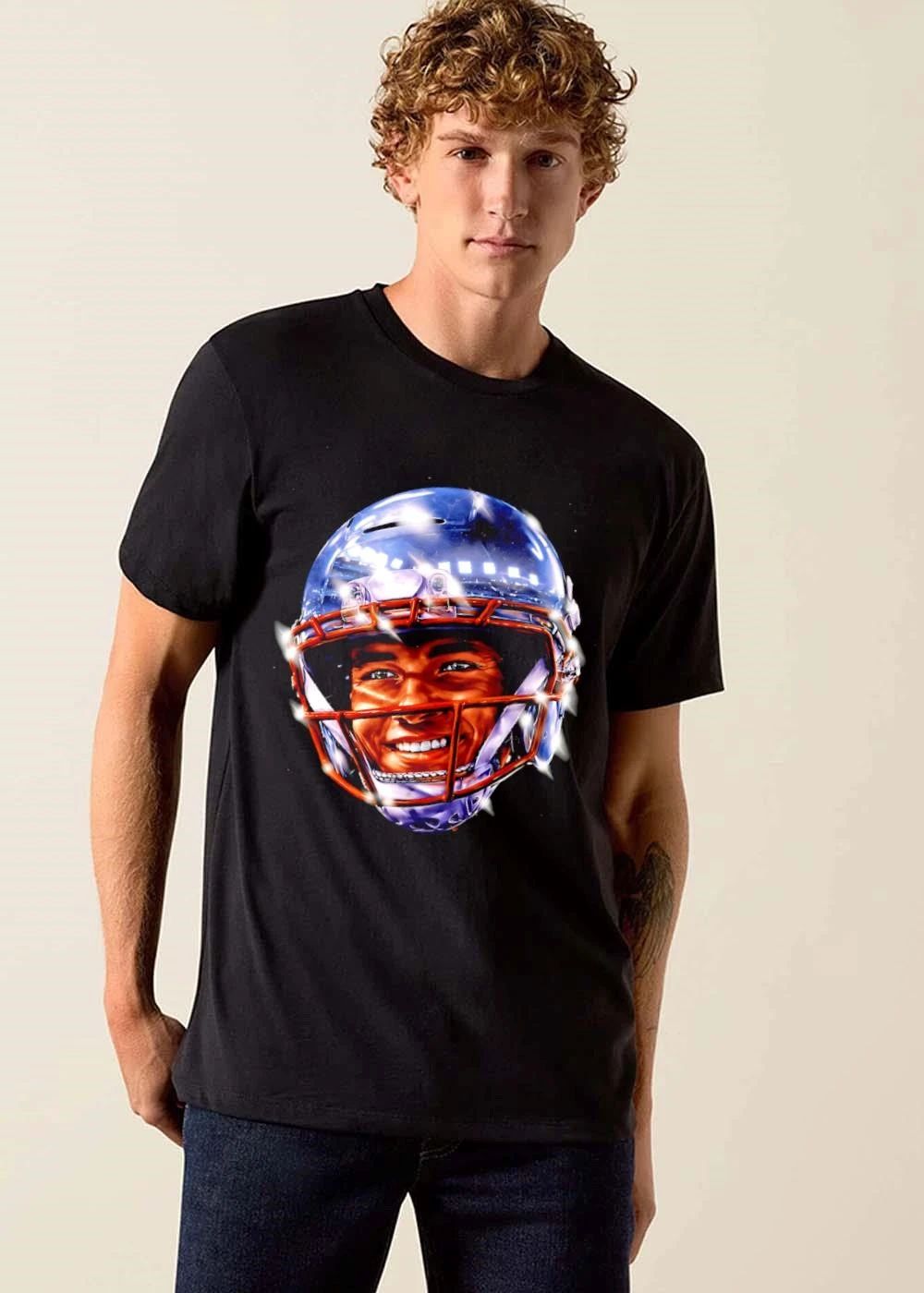 Smiling Football Player Glossy Metallic Helmet Stadium Lights shirt