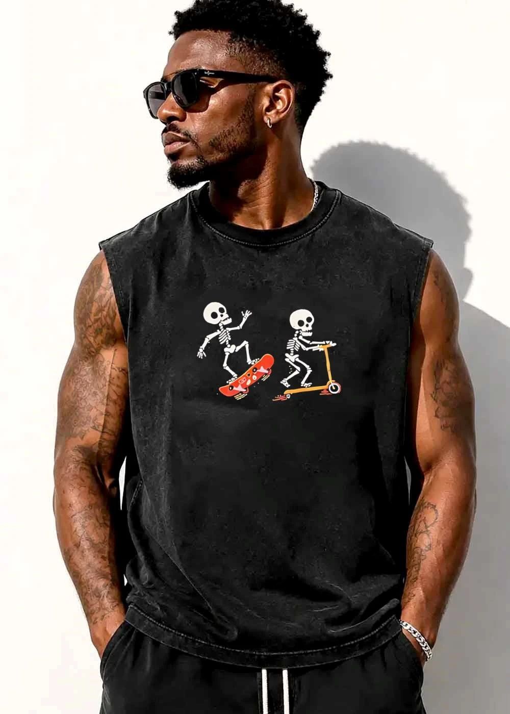 Two Cartoon Skeletons Riding Orange Skateboard And Kick Scooter shirt