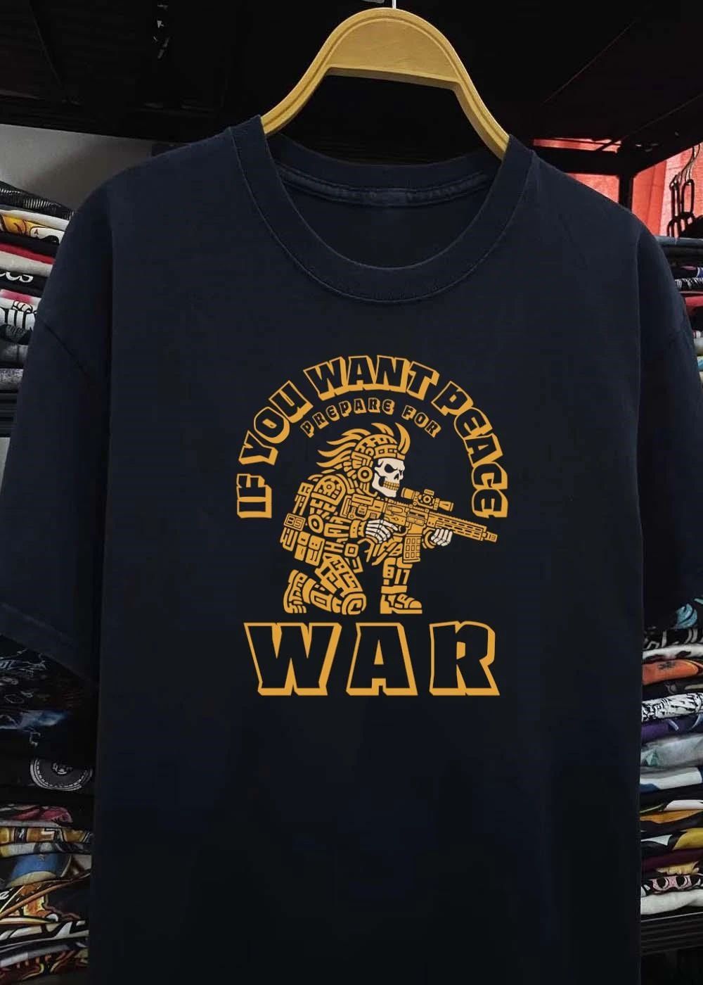 Aztec Skull Soldier Kneeling With Rifle If You Want Peace Prepare for War T-Shirt