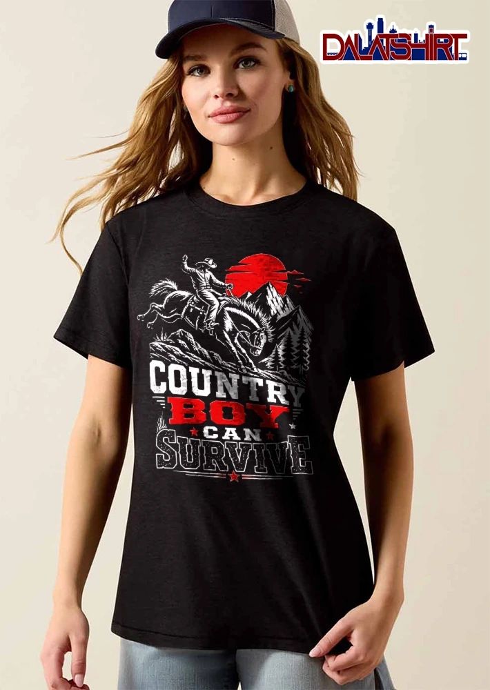 Country Boy Can Survive Cowboy Riding Bucking Horse Red Sun Mountain shirt