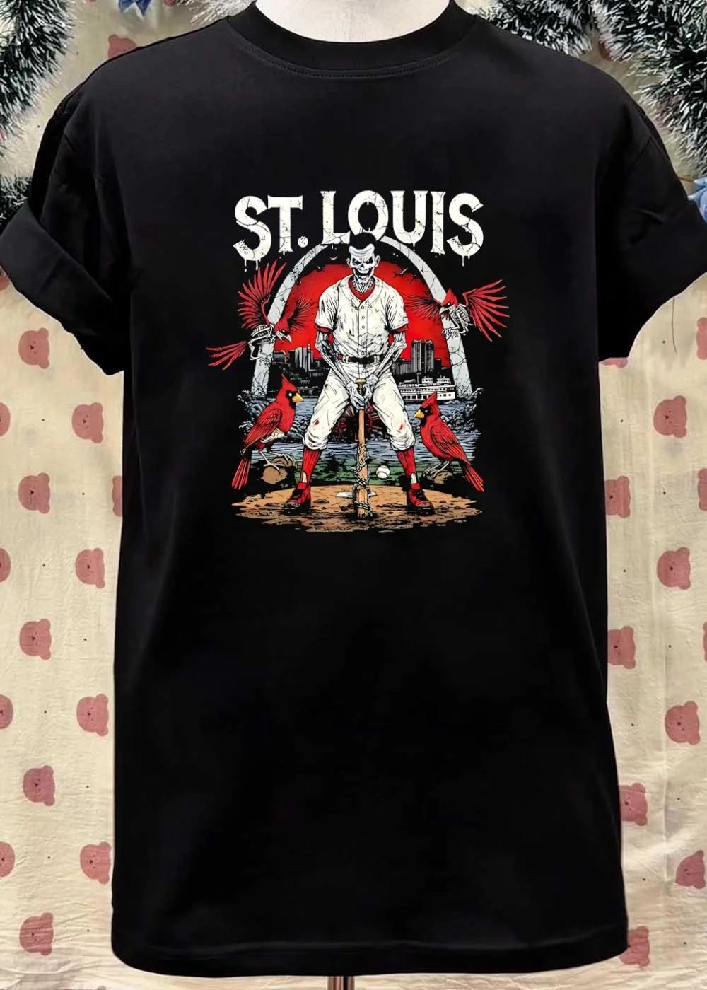 St. Louis Baseball Skeleton Resting on Bat and Cardinals T-Shirt