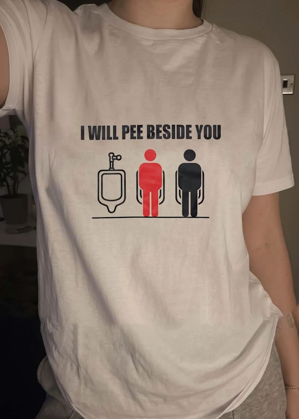 I Will Pee Beside You Red Black Human Figures At Urinals Line Art shirt