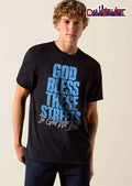 God Bless These Streets In God We Trust Distressed Cracked Block Text Cursive Script shirt