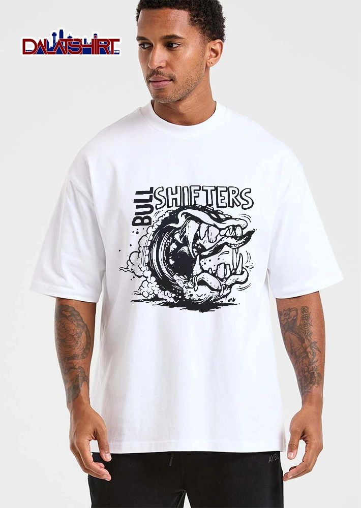 Bull Shifters Spinning Monster Tire Sharp Teeth Smoke Line Art Cartoon shirt