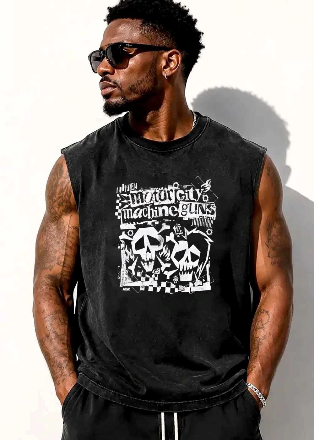 Aew The Motor City Machine Guns Distressed Skulls Flames Checkerboard shirt