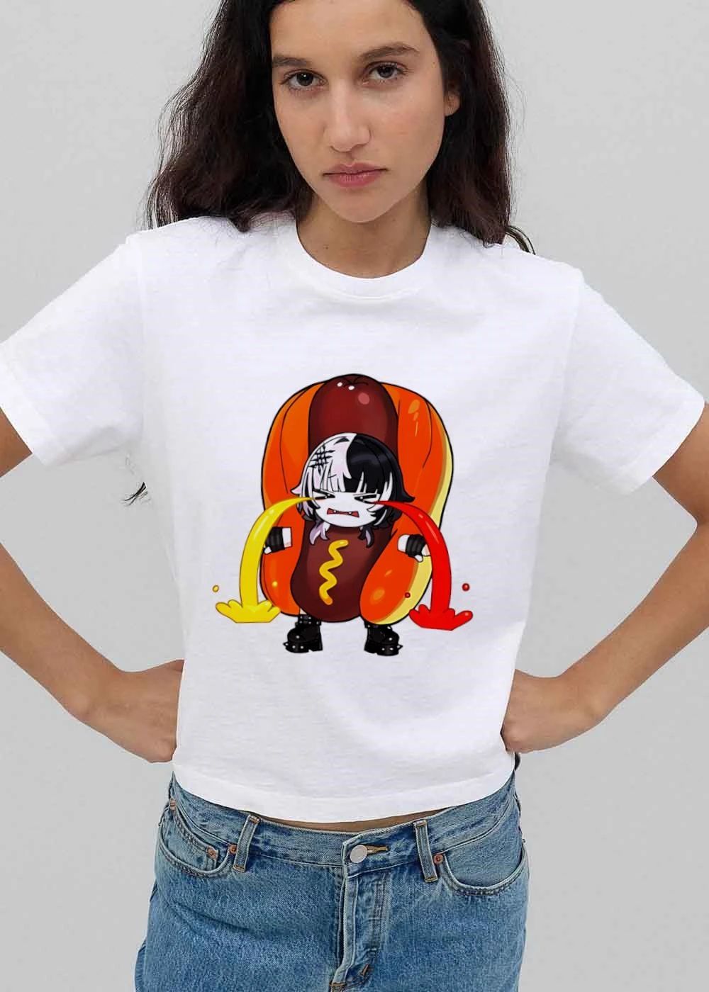 Chibi Anime Girl Hotdog Costume Crying Ketchup Mustard Cartoon shirt