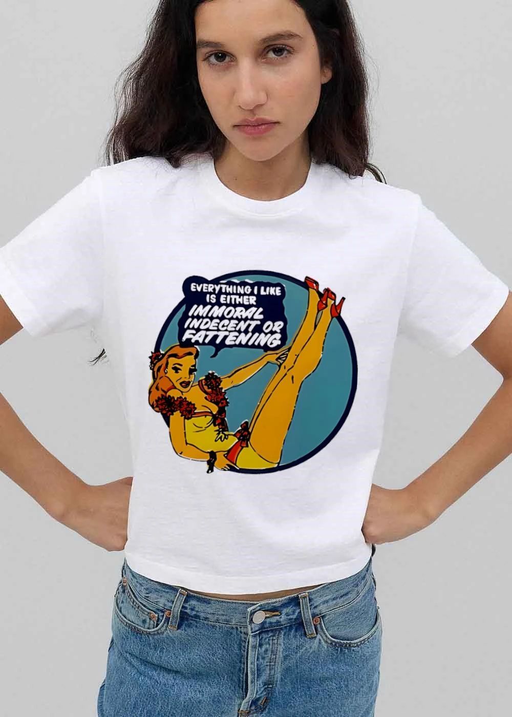 Everything I Like Is Either Immoral Indecent Or Fattening Vintage Pinup Girl shirt