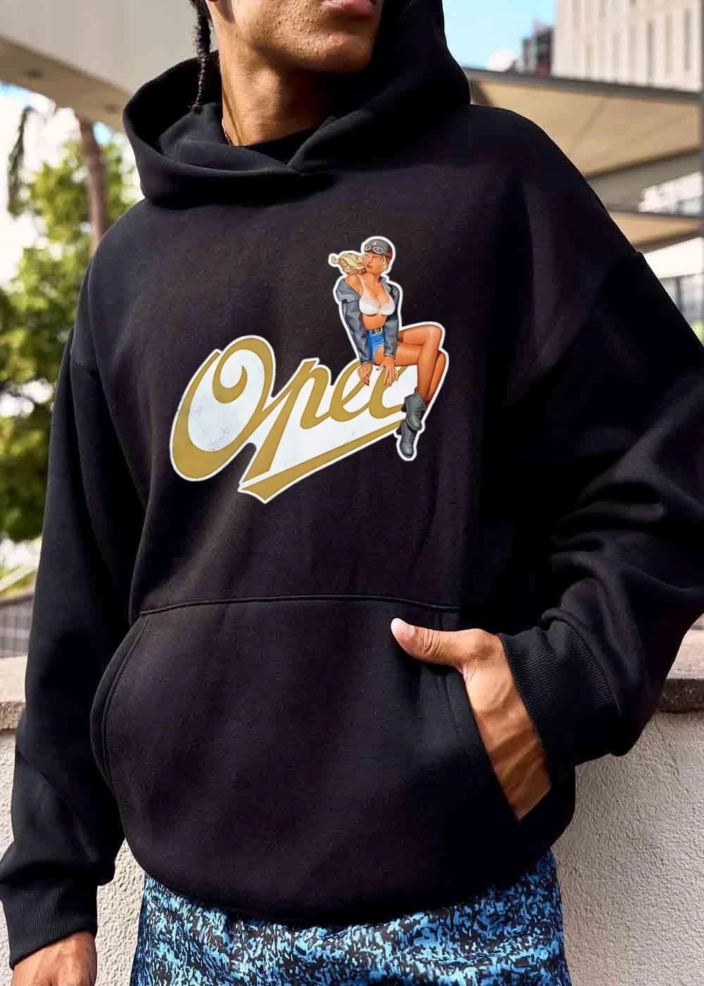 Opel Pinup Girl Sitting Helmet Leather Jacket Script Logo Vintage shirt