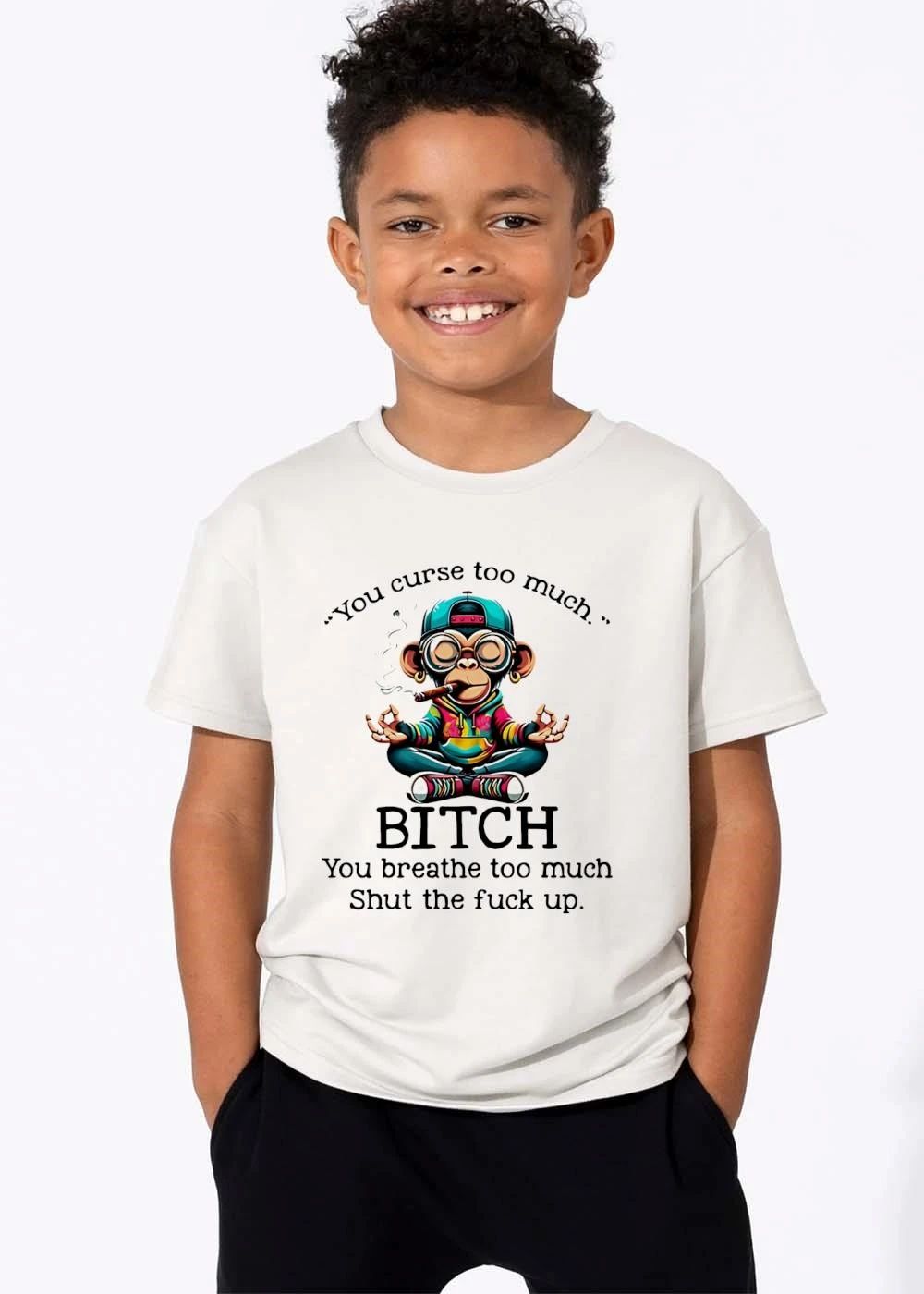 You Curse Too Much Bitch Breathe Shut The Fuck Up Cartoon Meditating Monkey Smoking Cigar shirt