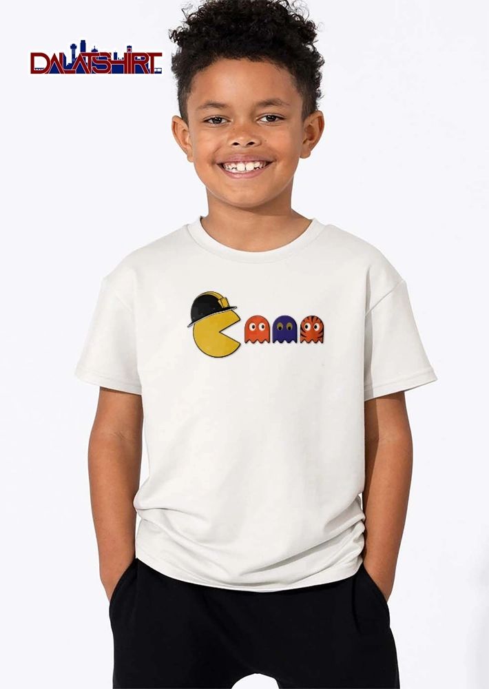 Pacman wearing construction hat eating ghosts shirt
