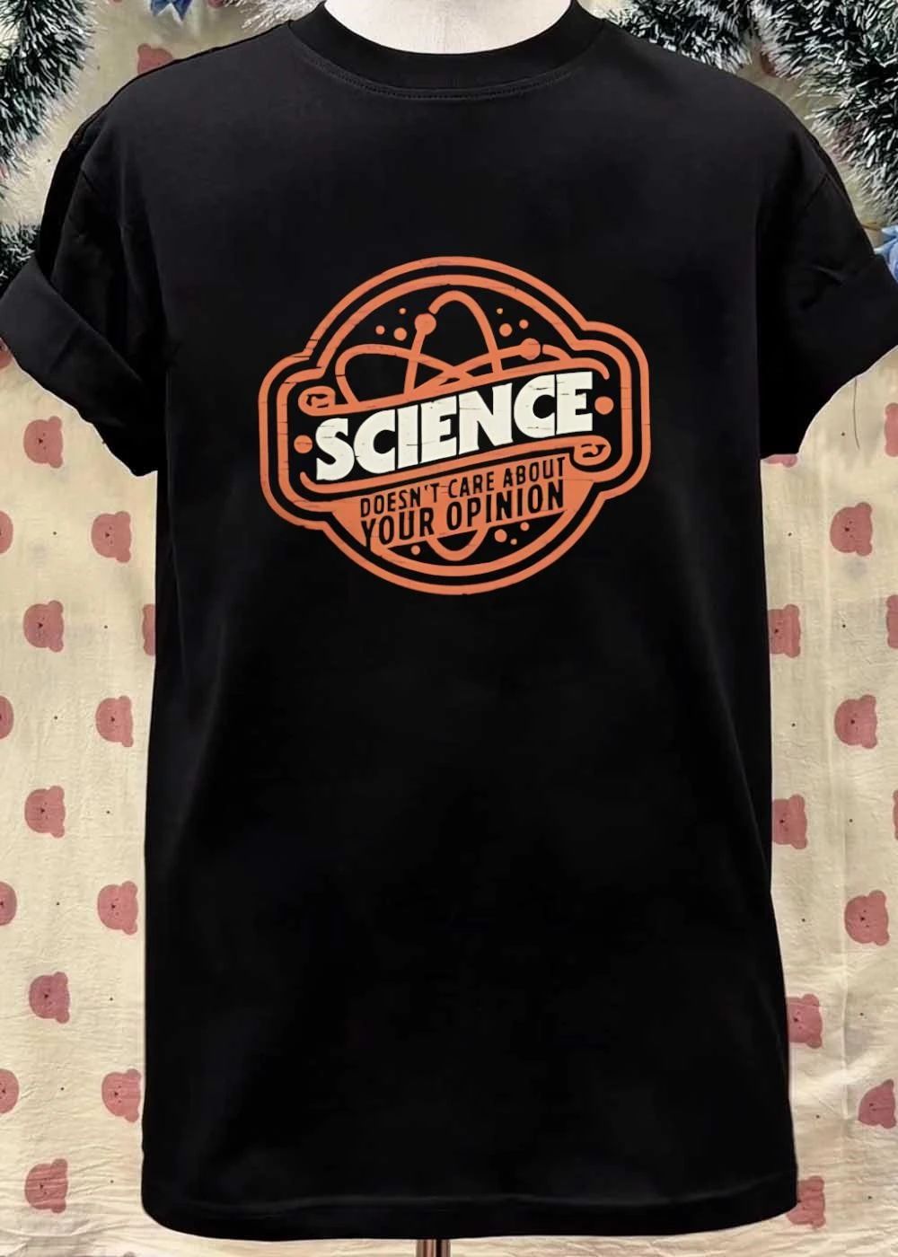 Science Doesnt Care About Your Opinion Distressed Atom Symbol Stamp Badge shirt