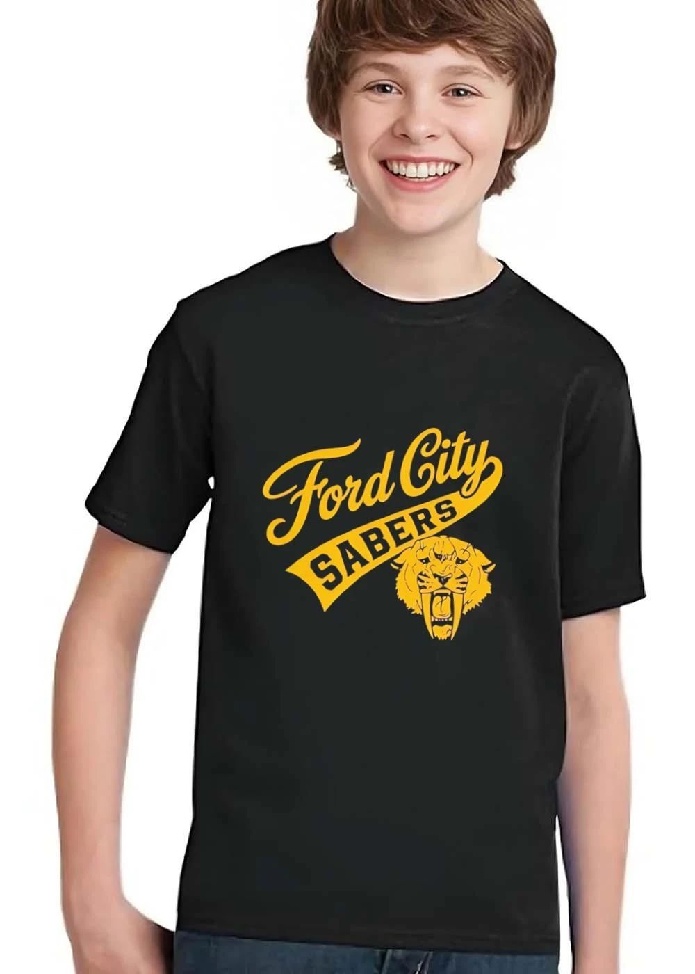 Ford City Sabers Yellow Sabertooth Tiger Head Script Banner shirt