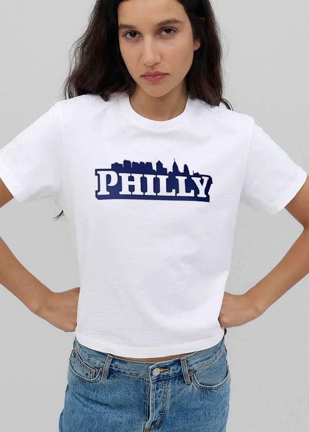 Philly Philadelphia City Skyline Silhouette White Block Text shirt