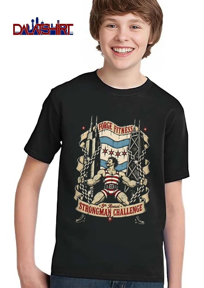 Forge Fitness 9th Annual Strongman Challenge Vintage Strongman Breaking Chains Chicago Flag Skyline shirt