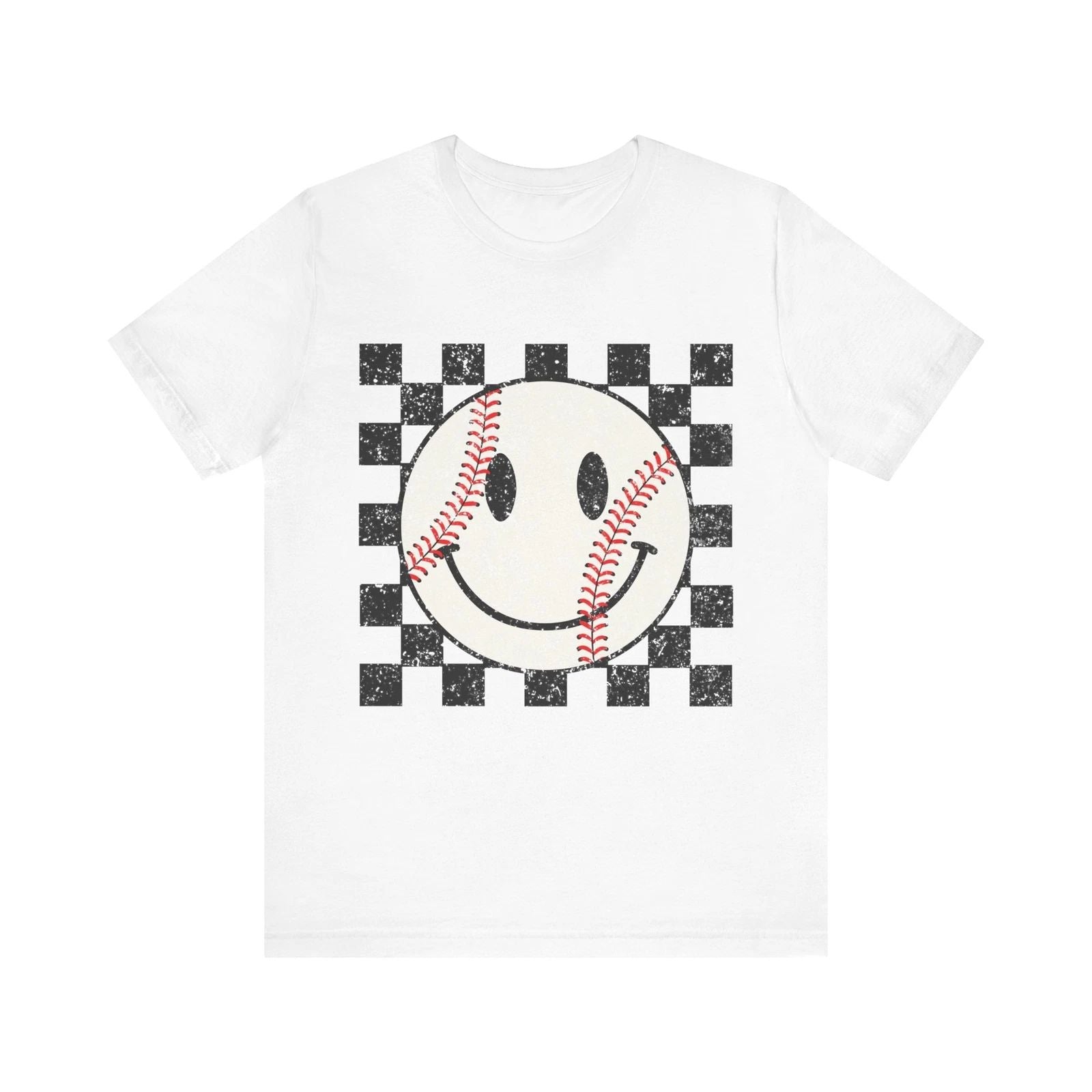 Unisex Baseball Happy Face Trendy Smile Face Baseball Players Checkered T-Shirt