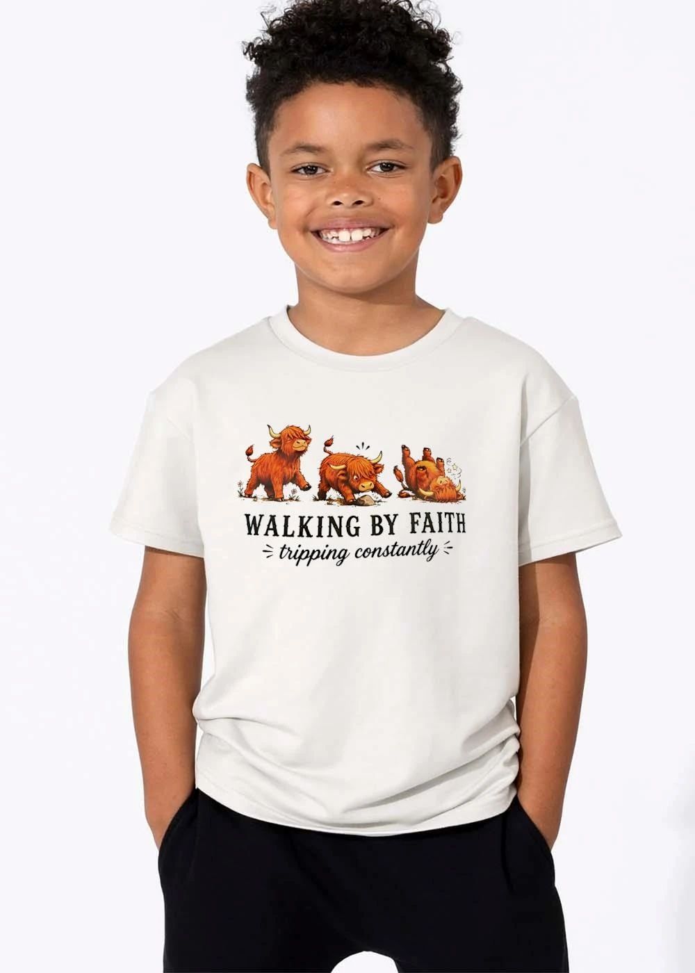 Walking By Faith Tripping Constantly Cartoon Highland Cows Stumbling Over Rock shirt