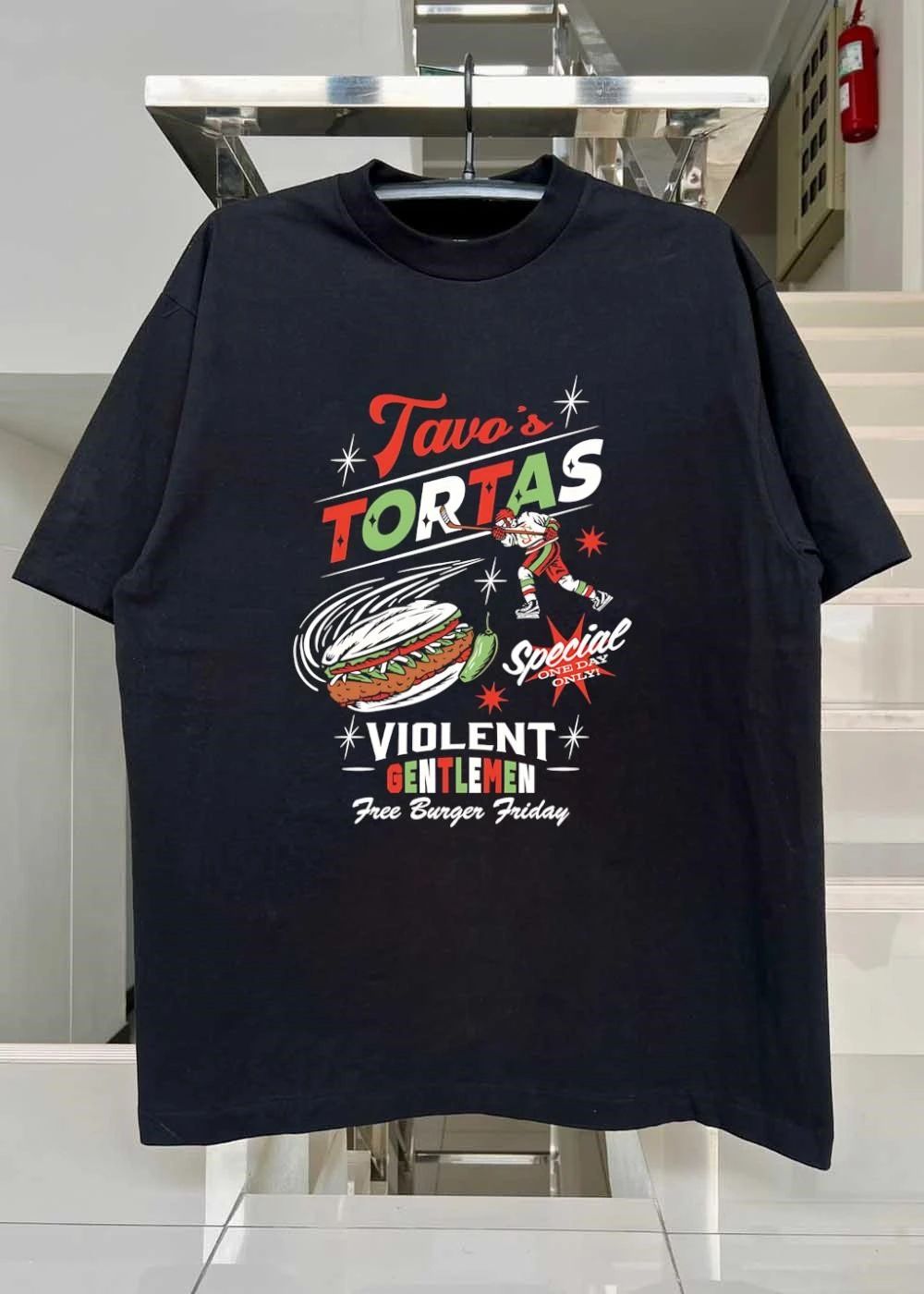 Violent Gentlemen Tavos Tortas Special One Day Only Free Burger Friday Hockey Player Flying Torta Jalapeno shirt