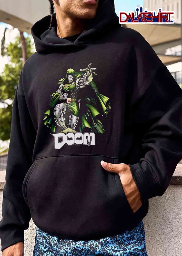 Doom Comic Armored Villain Green Hooded Cloak Reaching shirt