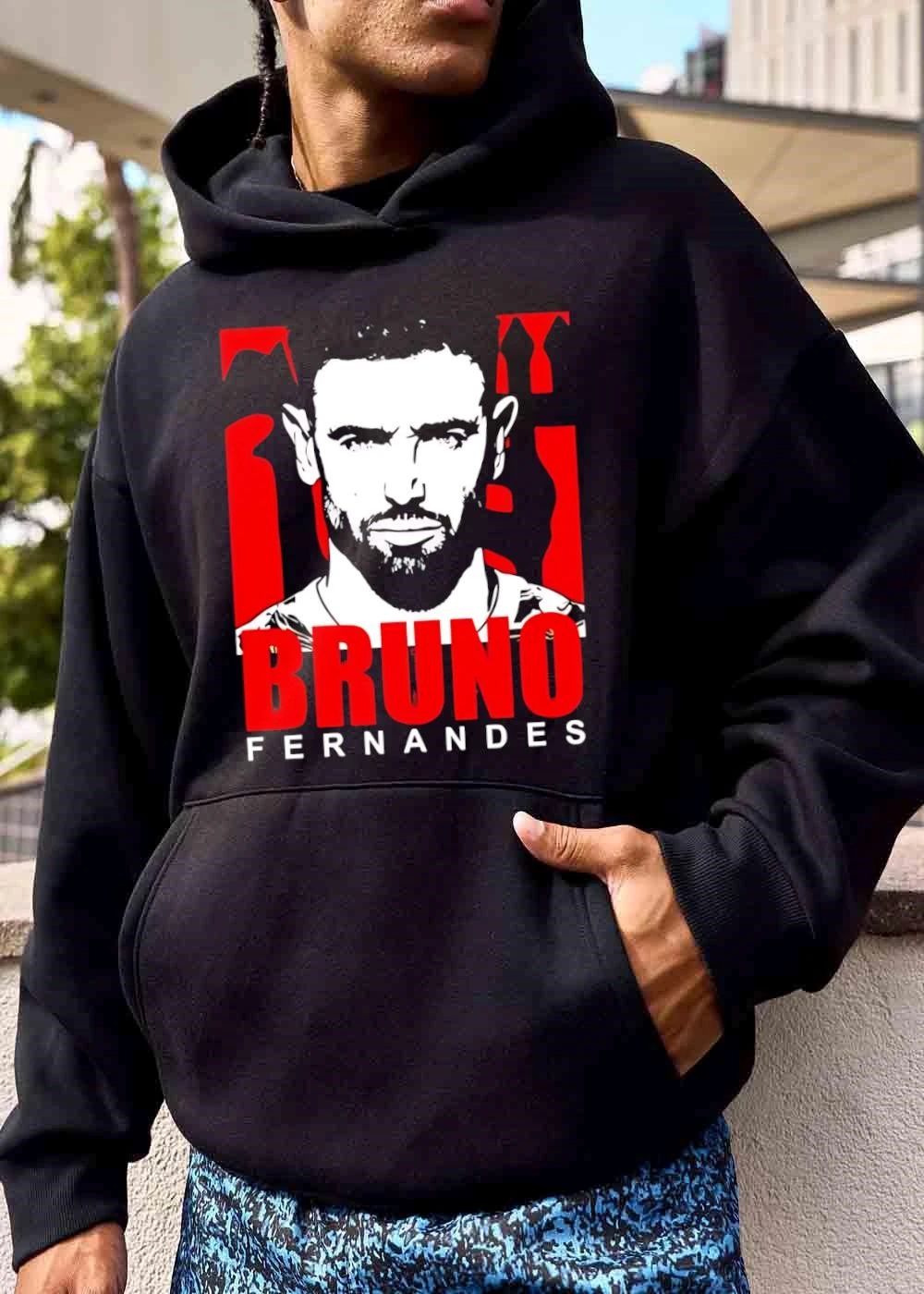 Bruno Fernandes Line Art Stencil Portrait Red Background shirt