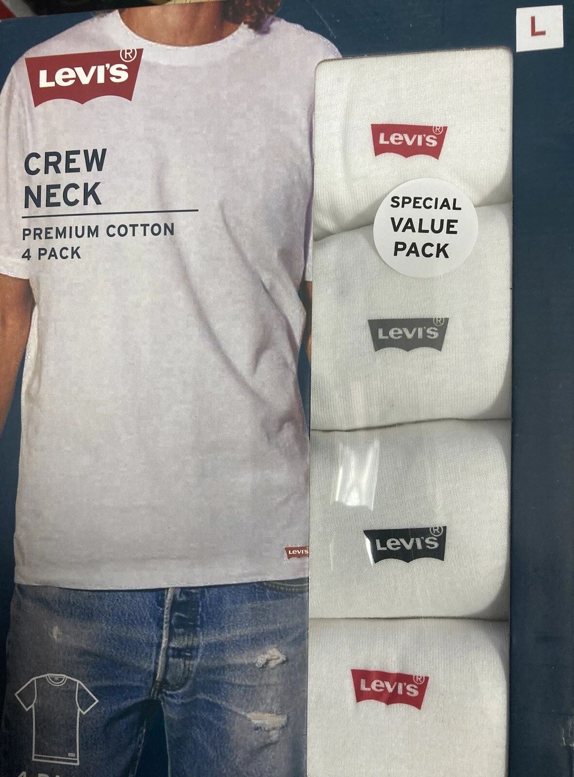 Levi's 4 Pk Crew Neck T-Shirts Large White 100% Premium Cotton, Tag-Free Levis