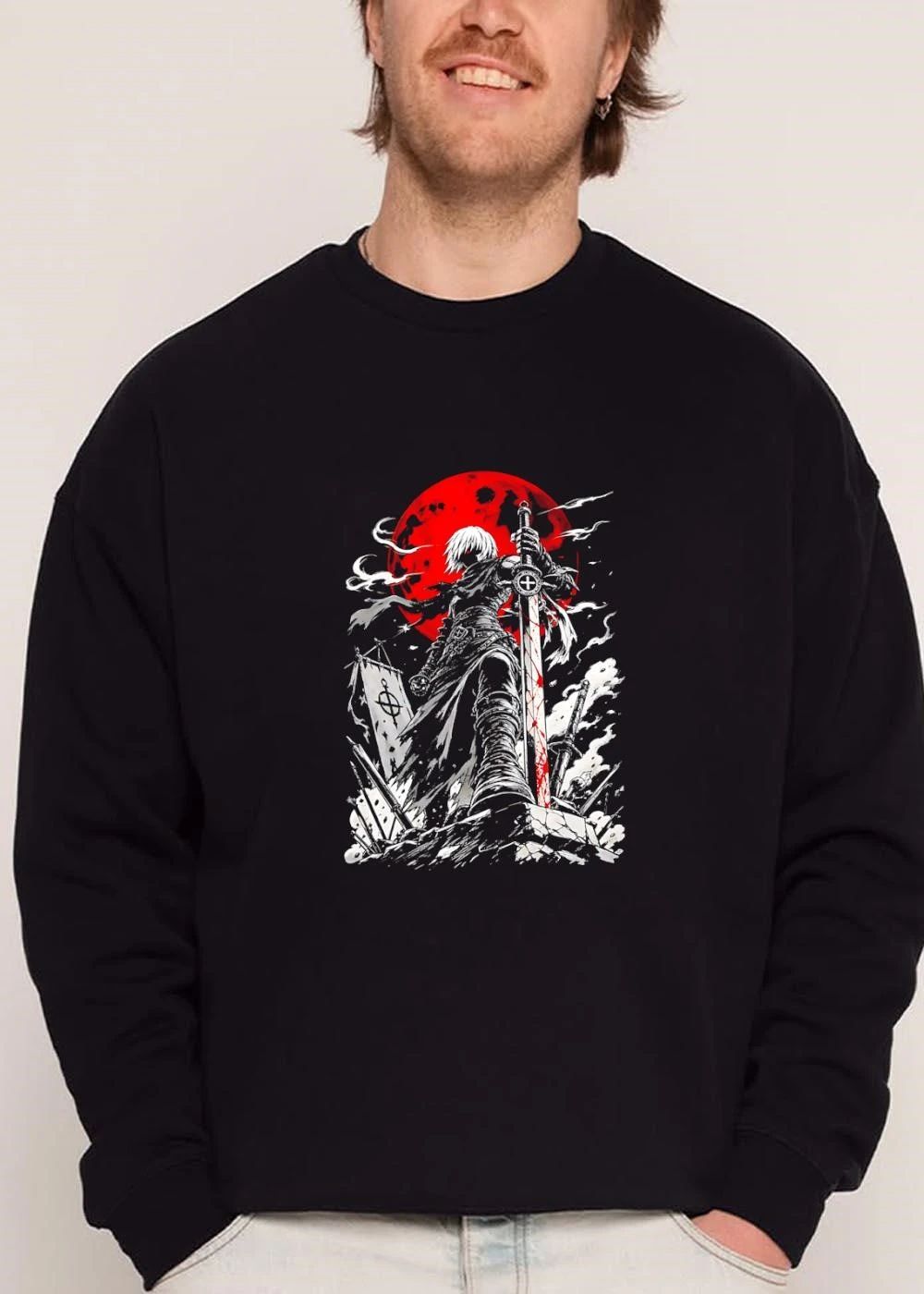 Dark Fantasy Warrior With Bloody Sword And Red Moon Battlefield shirt