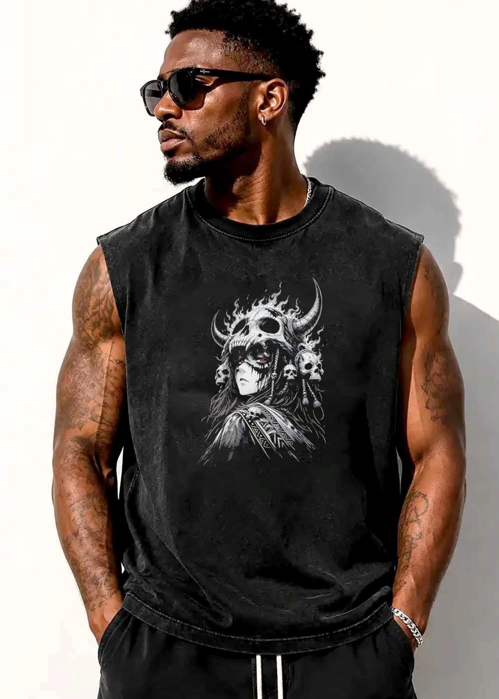 Dark Fantasy Shaman Horned Skull Helmet Glowing Red Eyes shirt