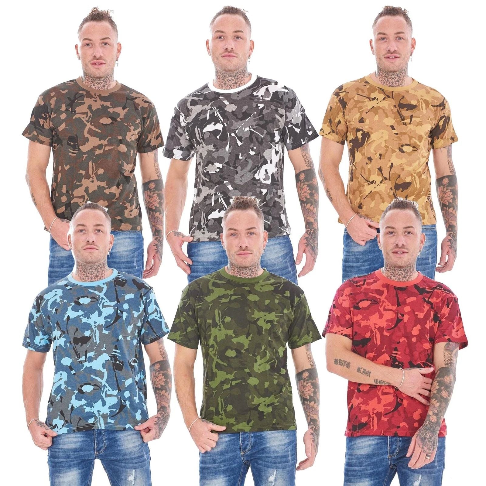 Mens 3 Pack Camouflage Military Army Cotton T-Shirts Paintball Gym Camo Tops