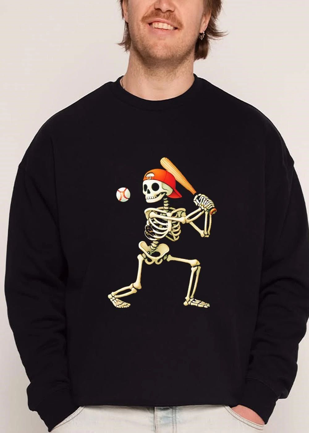 Cartoon Skeleton Backwards Orange Cap Swinging Wooden Bat At Baseball shirt