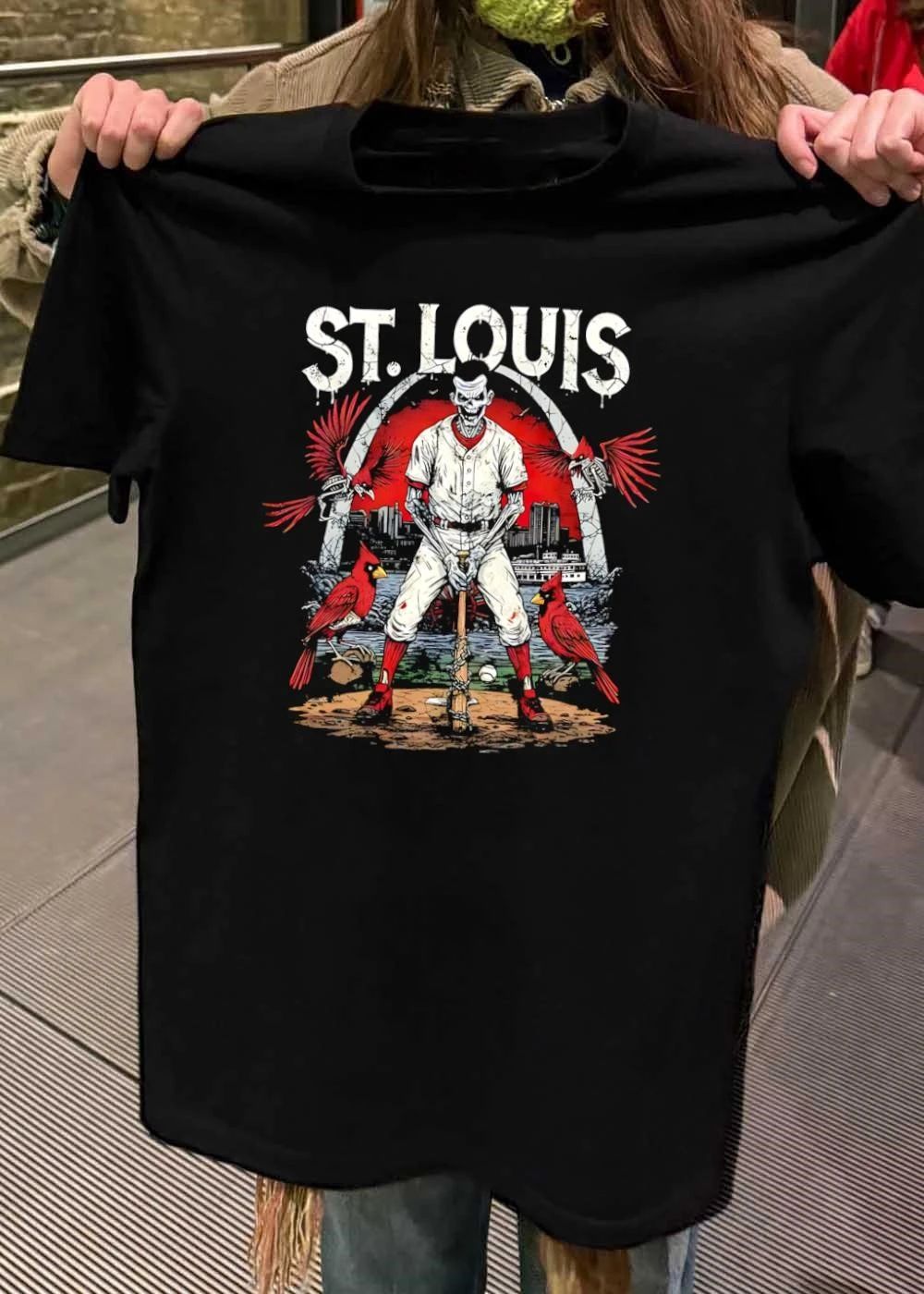 St. Louis Baseball Skeleton Resting on Bat and Cardinals T-Shirt