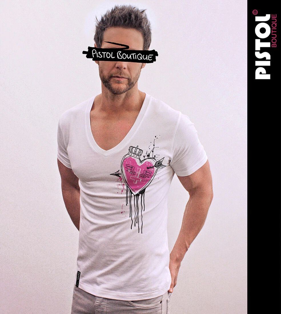 Pistol Boutique men's Fitted White Deep V neck CROWN ARROW HEART DRIBBLE T-shirt