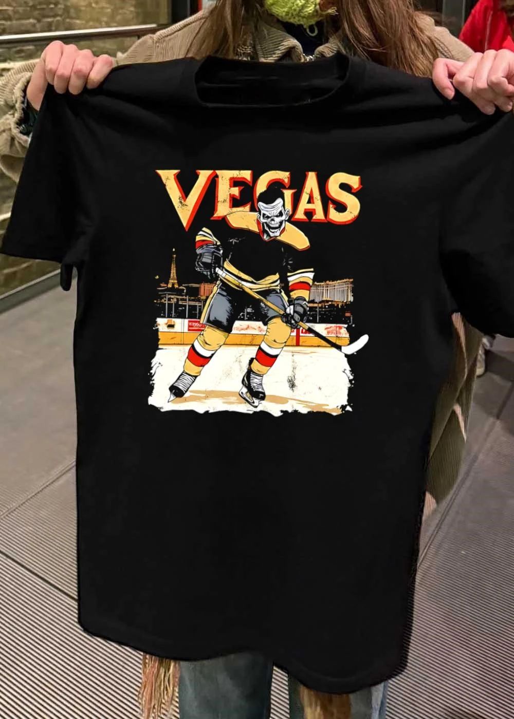 Vegas Hockey Player Skull on Ice Sports Fan Apparel T-Shirt