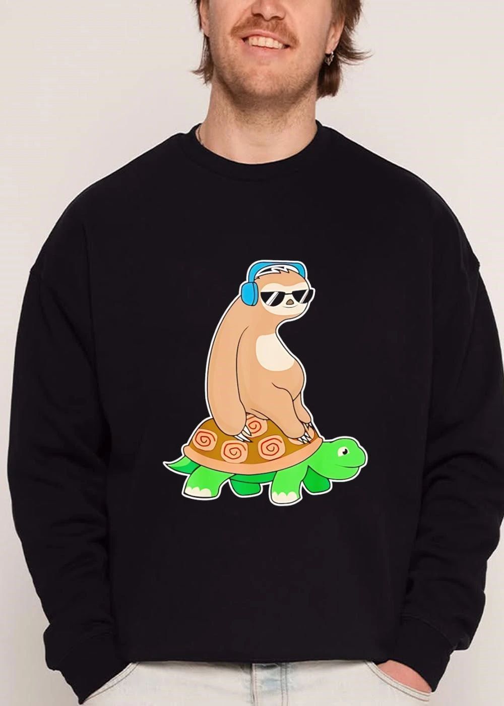 Cartoon Sloth Wearing Headphones Sunglasses Riding Green Turtle shirt