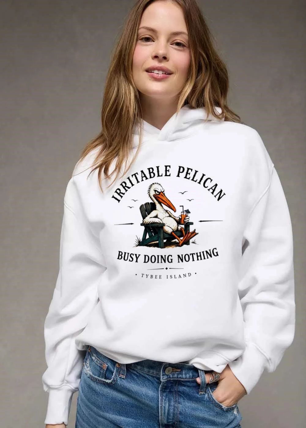 Irritable Pelican Busy Doing Nothing Tybee Island Angry Cartoon Bird Beach Chair Cocktail shirt
