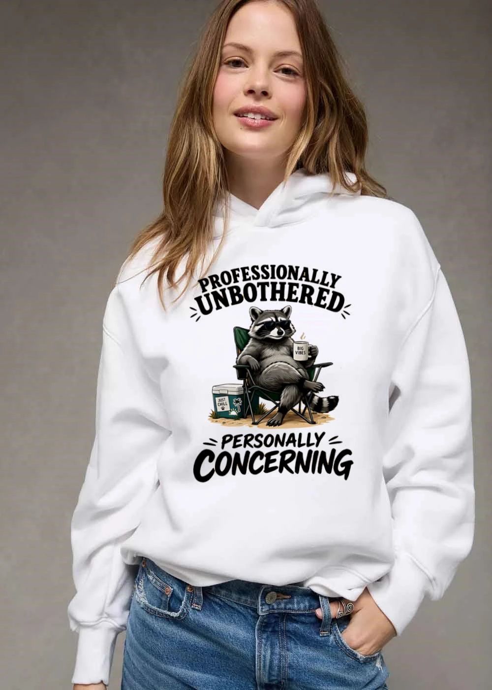 Professionally Unbothered Personally Concerning Raccoon Sunglasses Lawn Chair Cooler Cartoon shirt