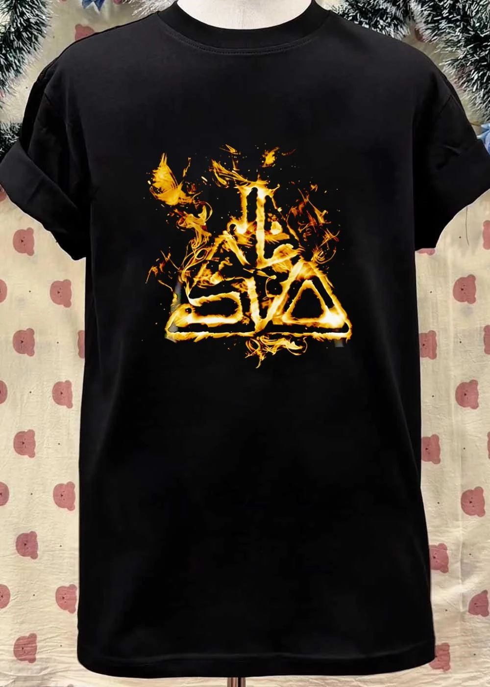 Fiery Golden Flames Stylized Triangle Crest Flaming Abstract Emblem Black Background shirt
