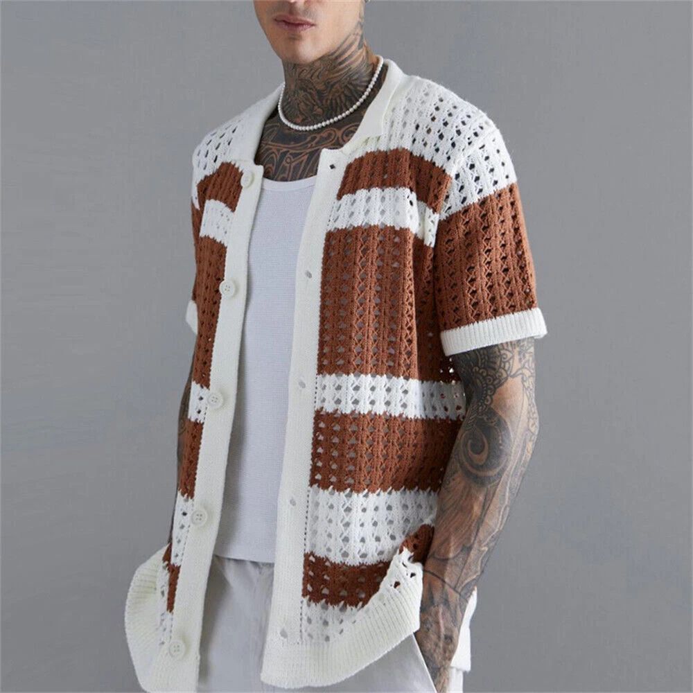 Hot Men's Short Sleeve Slim Fit Button Shirts Knitted Shirts Casual Tops Beach