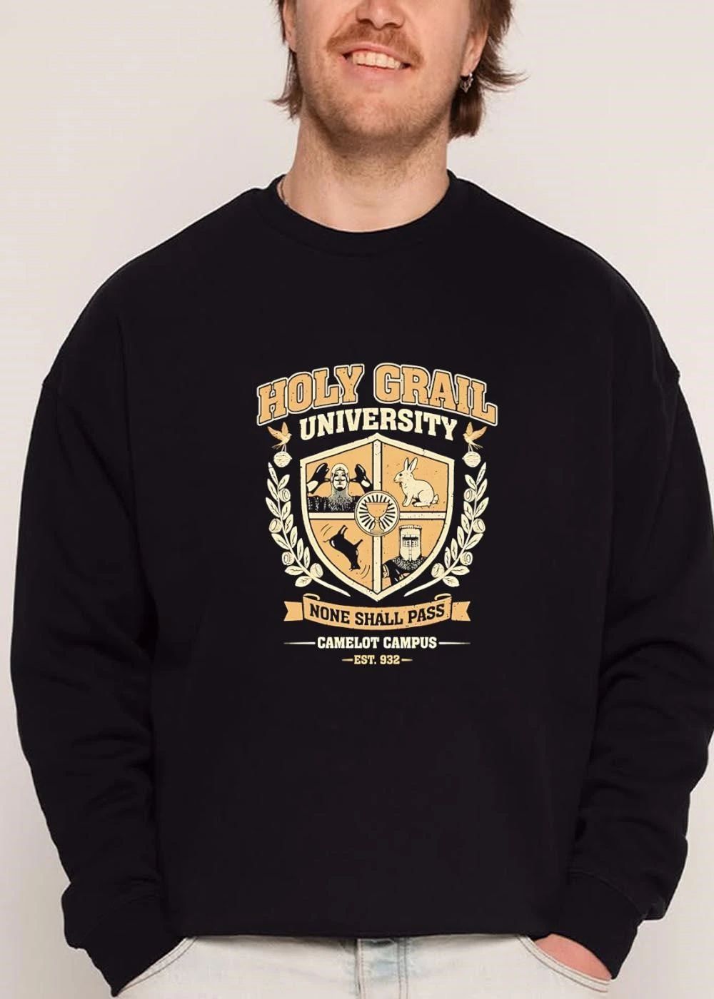 Holy Grail University None Shall Pass Camelot Campus Est 932 Shield Crest Swallows Coconuts Knights Distressed shirt
