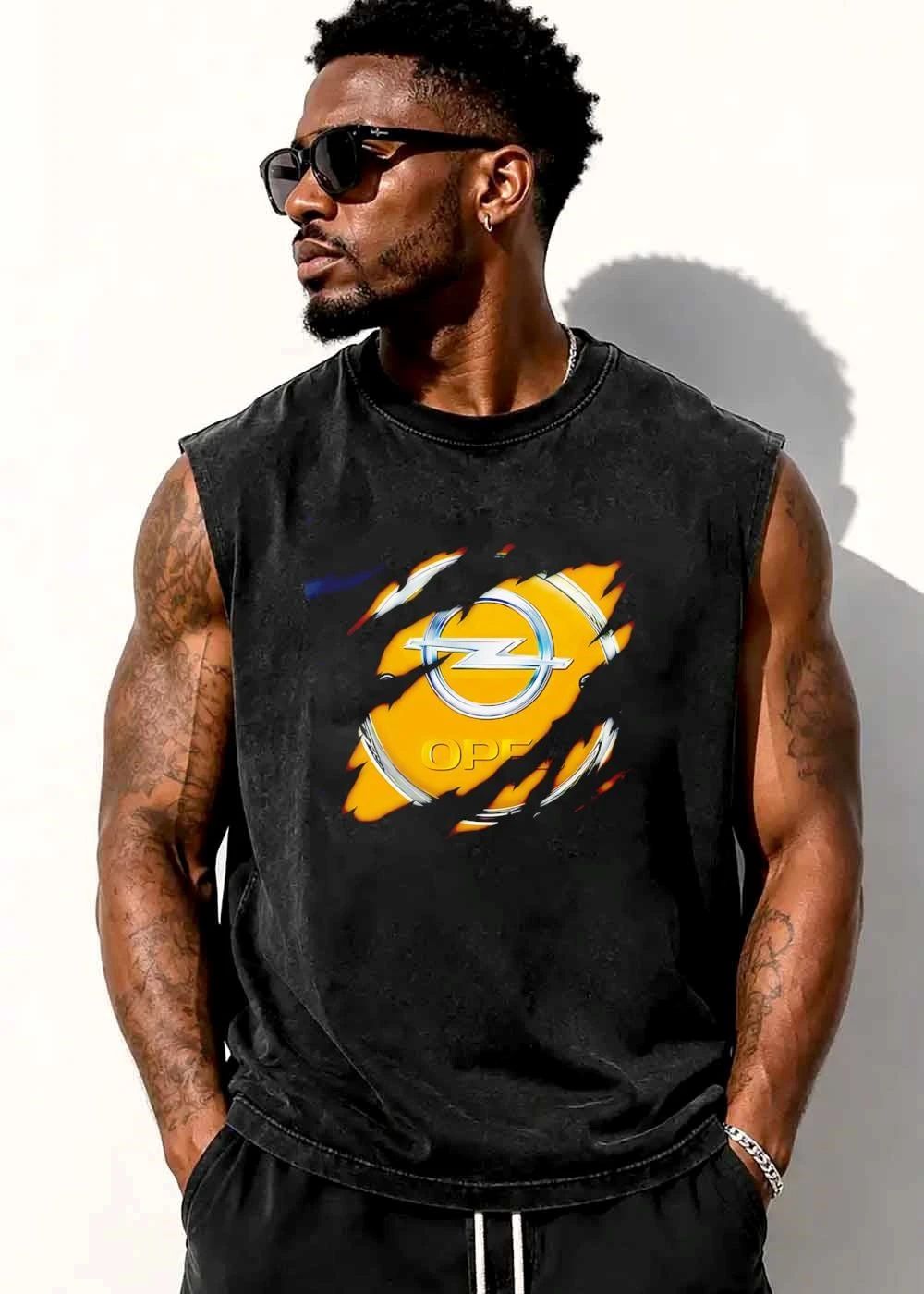 Opel Metallic Logo Silver Lightning Bolt Ripped Torn Surface Yellow Background shirt